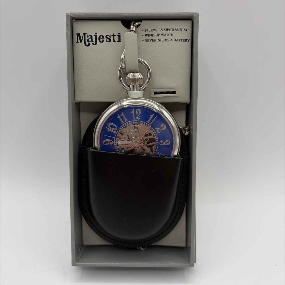 VINTAGE MAJESTI SKELETON WIND UP POCKET WATCH 17 JEWELS CHAIN BLUE NEW BOXED